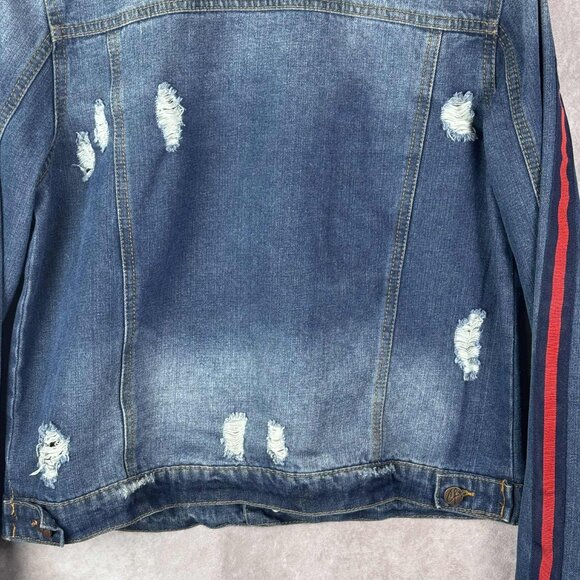 Crave Fame Distressed Denim Jacket Size L with Red Shoulder Stripes - Picture 6 of 9